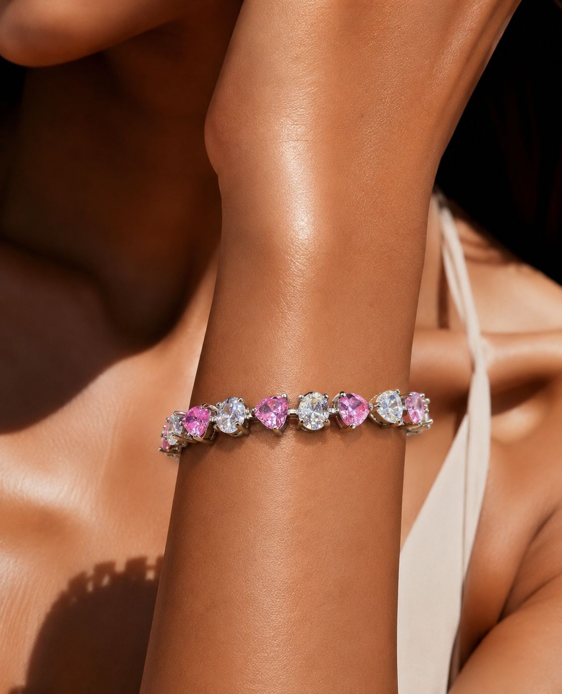 TOJ Everyday - Pink Heart and Oval Cut Solitaire Anti Tarnish Womens Tennis Bracelet