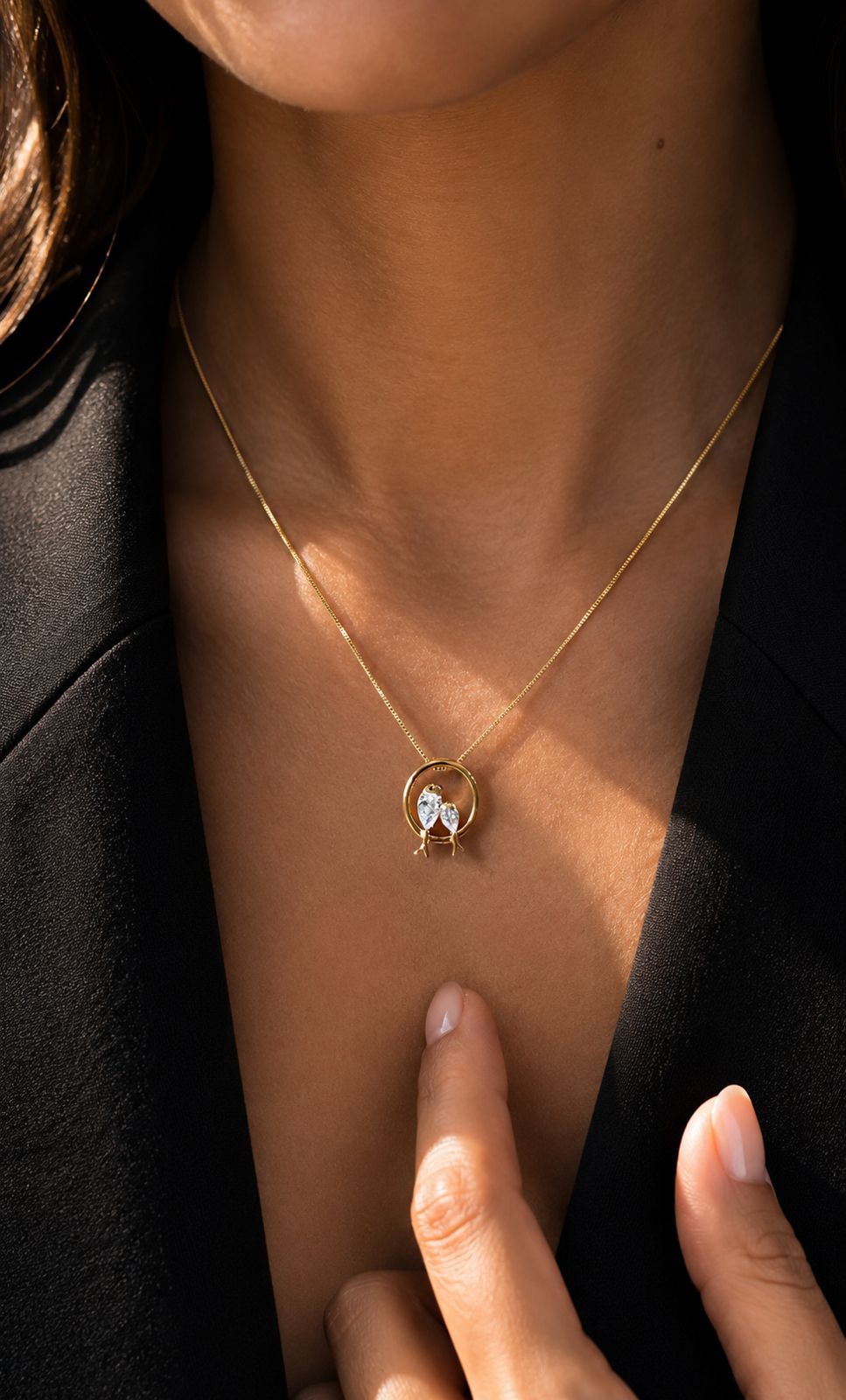 18k Gold Finish Premium Love Birds Solitaire Pendant with Chain on Pure 925 Silver