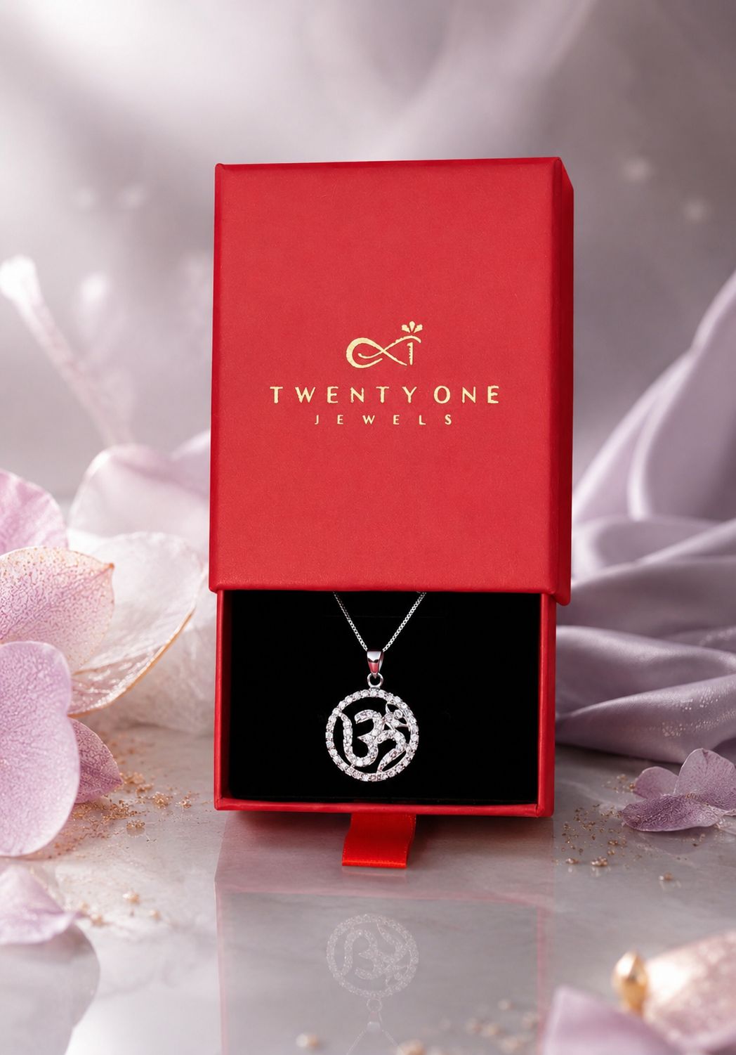 Om Pendant and Chain with Diamond Border on Pure 925 Silver