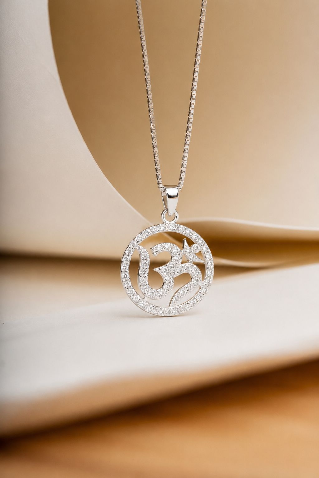 Om Pendant and Chain with Diamond Border on Pure 925 Silver