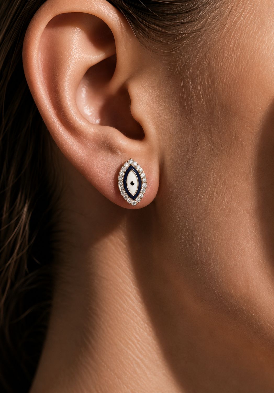Rose Gold American Diamond Studded Nora Evil Eye Studs on Pure 925 Silver.