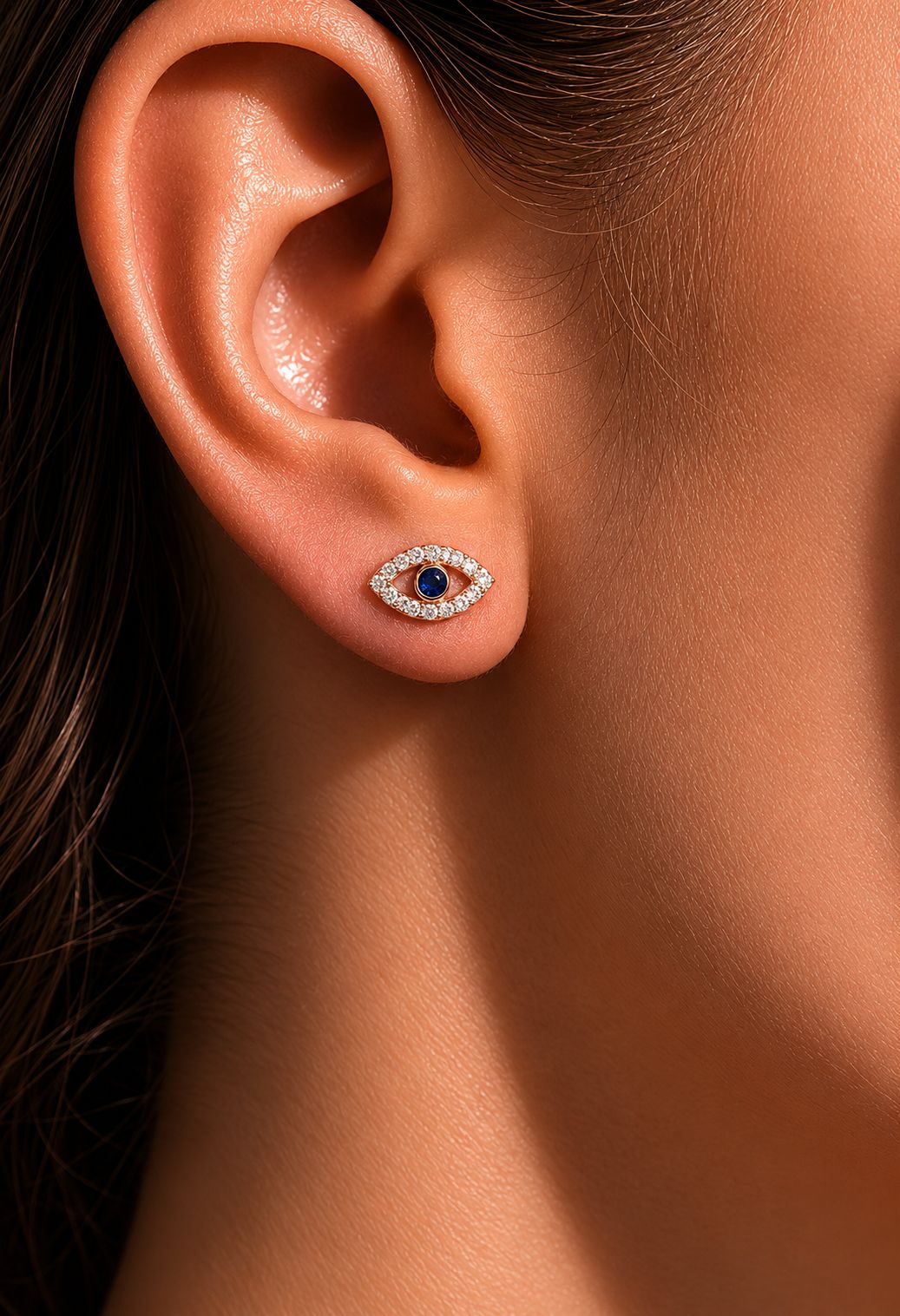 Rose Gold American Diamond Studded Cora Evil Eye Studs on Pure 925 Silver.
