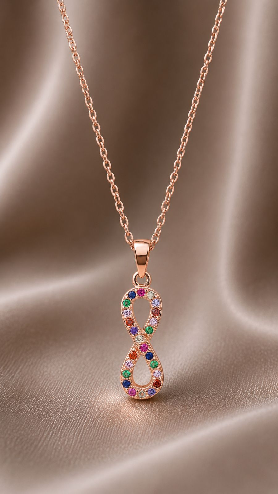 Rose Gold Multicoloured Infinity Eva Pendant with Chain on Pure 925 Silver.