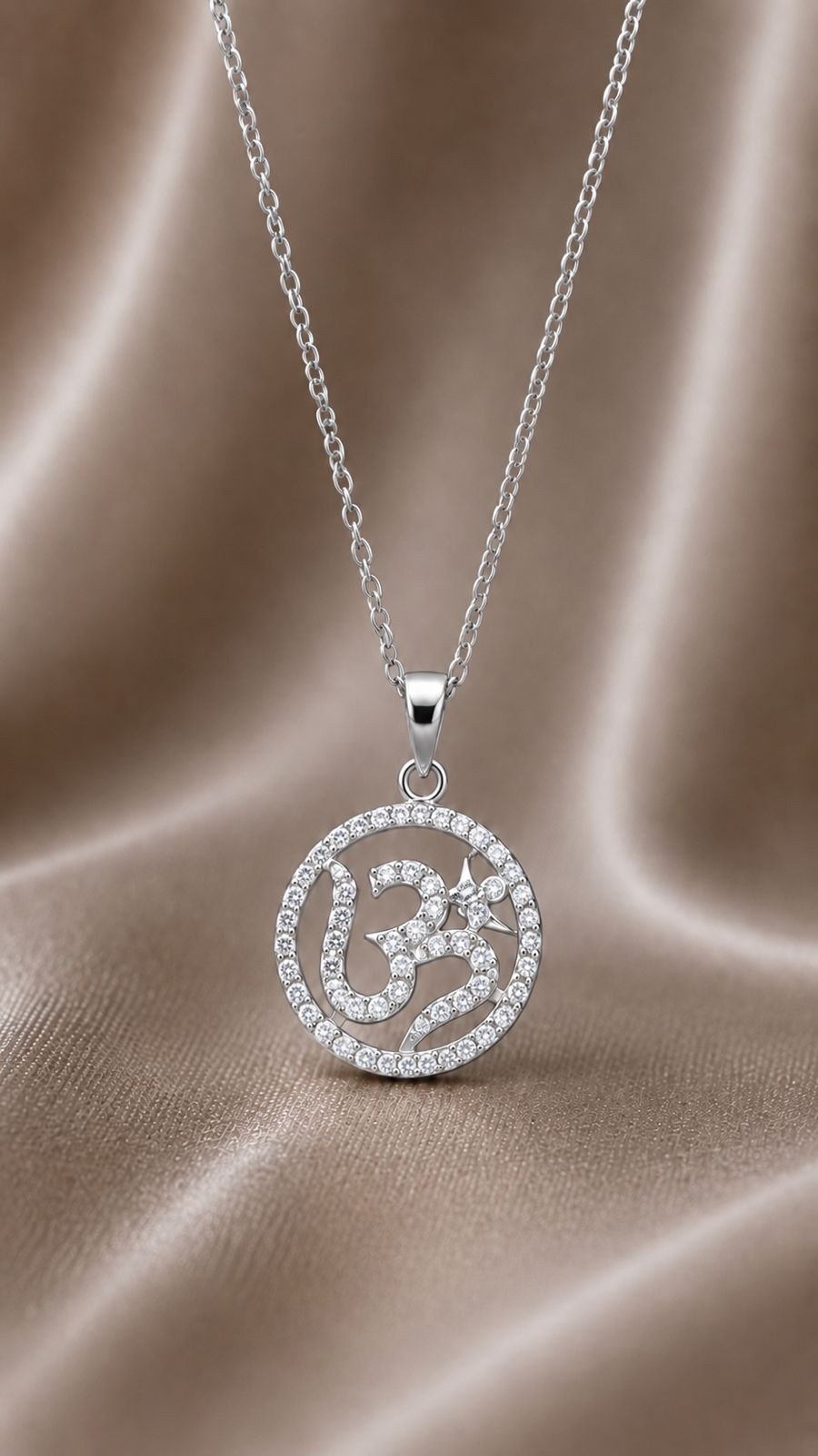 Om Pendant and Chain with Diamond Border on Pure 925 Silver