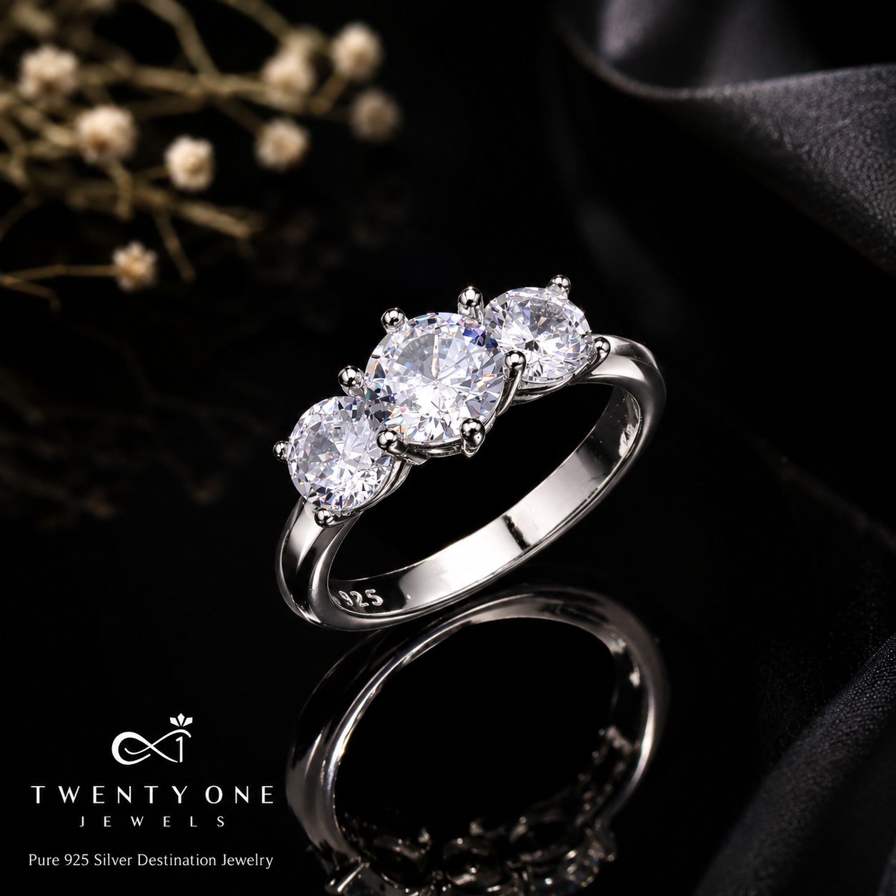 Three Solitaire Diana Ring on Pure 925 Silver