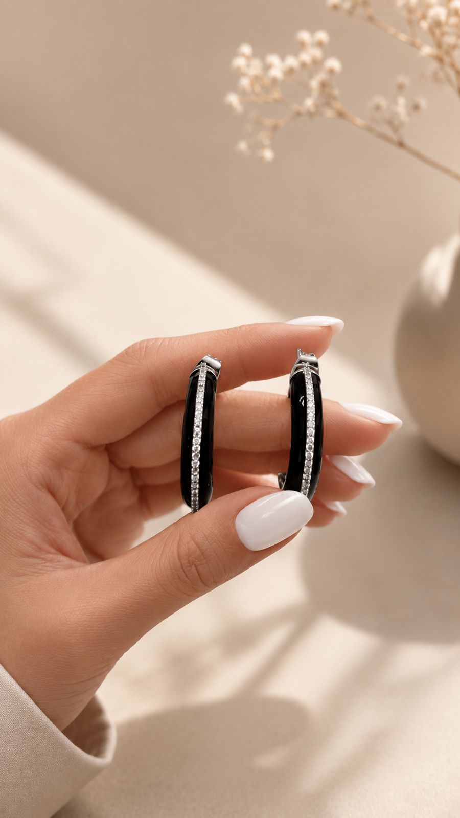 TOJ Everyday - Premium Diamond Studded Black Enamel Women’s Hoop Earrings