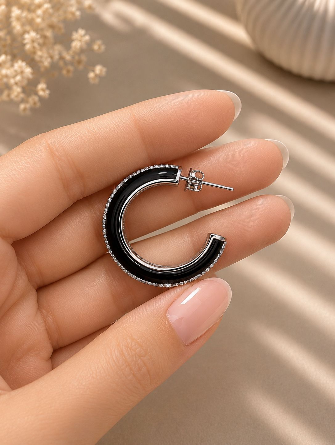 TOJ Everyday - Premium Diamond Studded Black Enamel Women’s Hoop Earrings