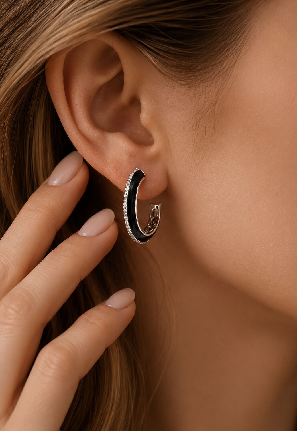 TOJ Everyday - Premium Diamond Studded Black Enamel Women’s Hoop Earrings