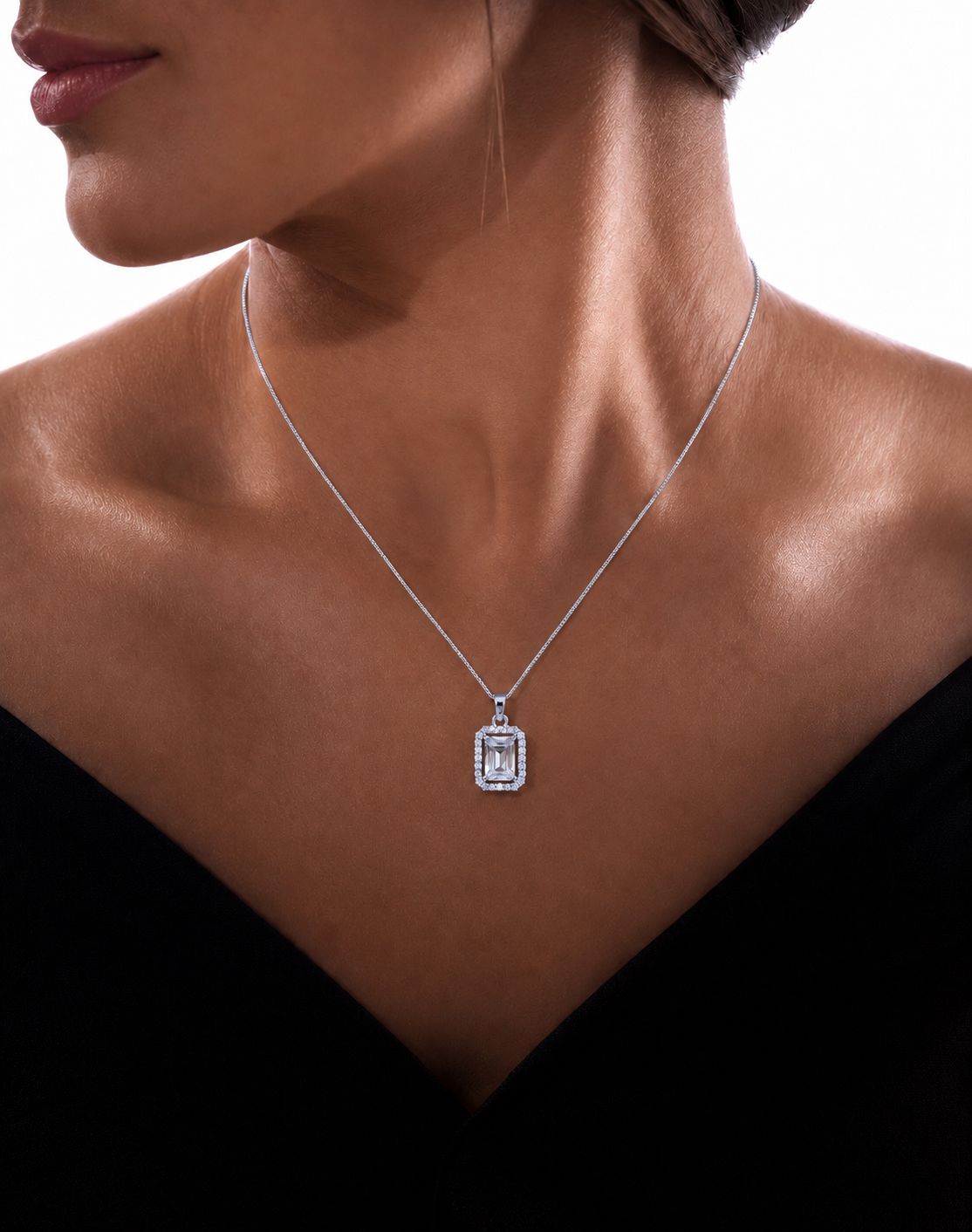 1.5 Carat Emerald Cut Solitaire Pendant With Chain On 925 Silver