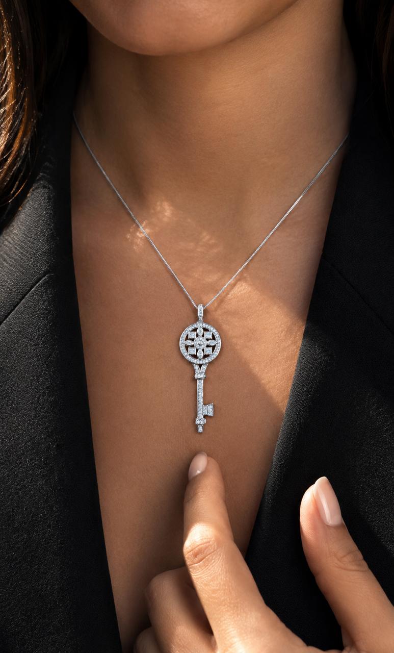 Azga Diamond Studded Key Pendant with Chain on Pure 925 Silver