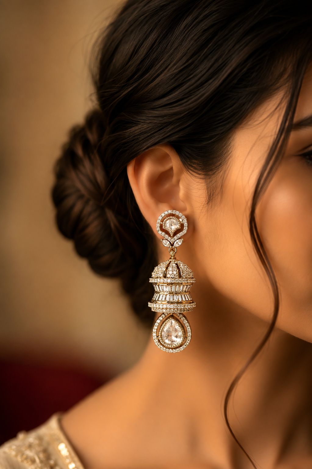 TOJ Everyday -  Festive Exclusive Antique Gold Finish 3 Layered Premium Moissanite Polki Jhumki Earrings