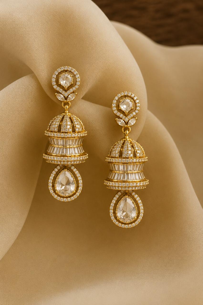 TOJ Everyday -  Festive Exclusive Antique Gold Finish 3 Layered Premium Moissanite Polki Jhumki Earrings