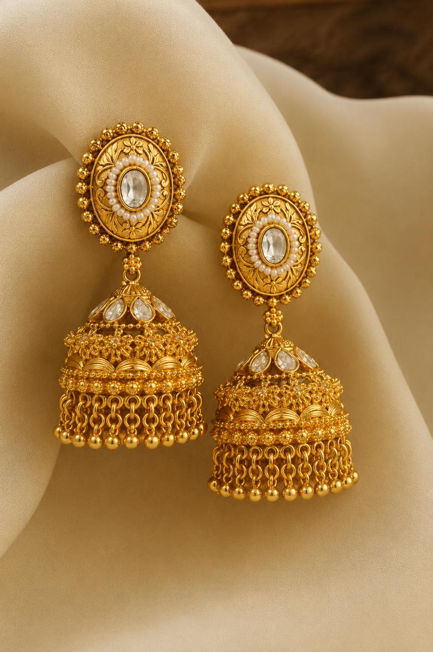TOJ Everyday -  Traditional Janki Jhumka Earrings with Polki and Pearl Bead Detailing
