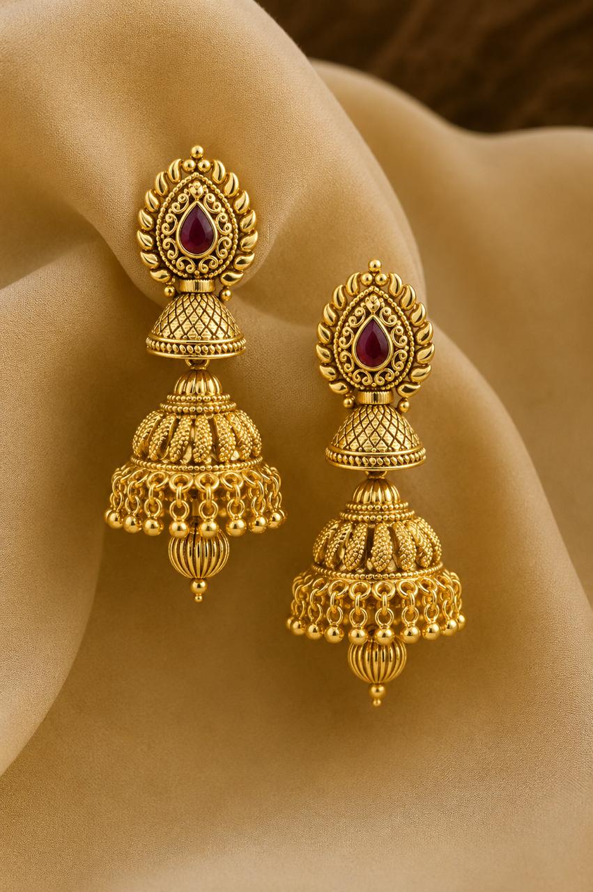 TOJ Everyday -  Festive Exclusive Gold Finish Double Layer Nitya Jhumki with Ruby Detaling