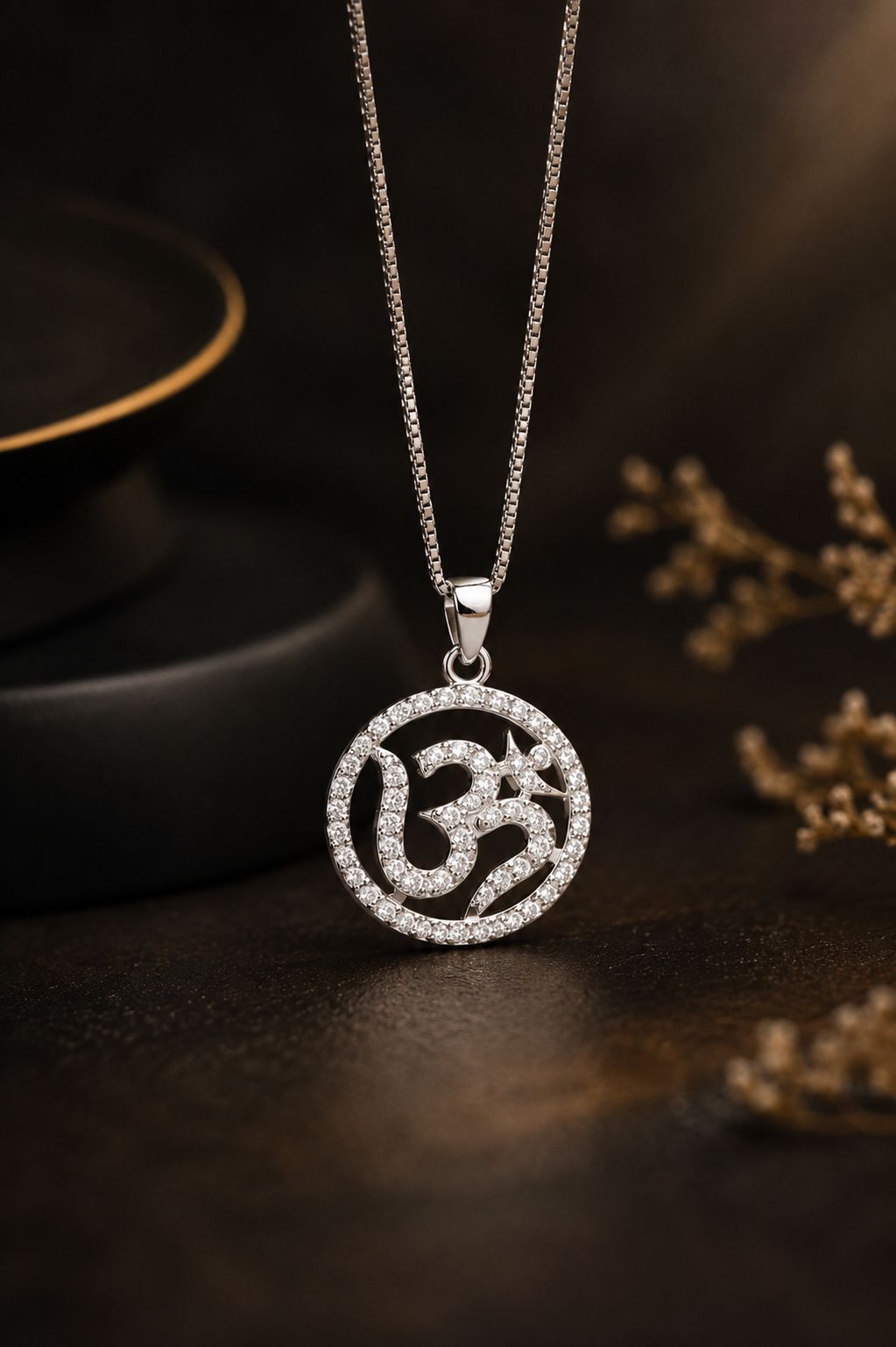Om Pendant and Chain with Diamond Border on Pure 925 Silver