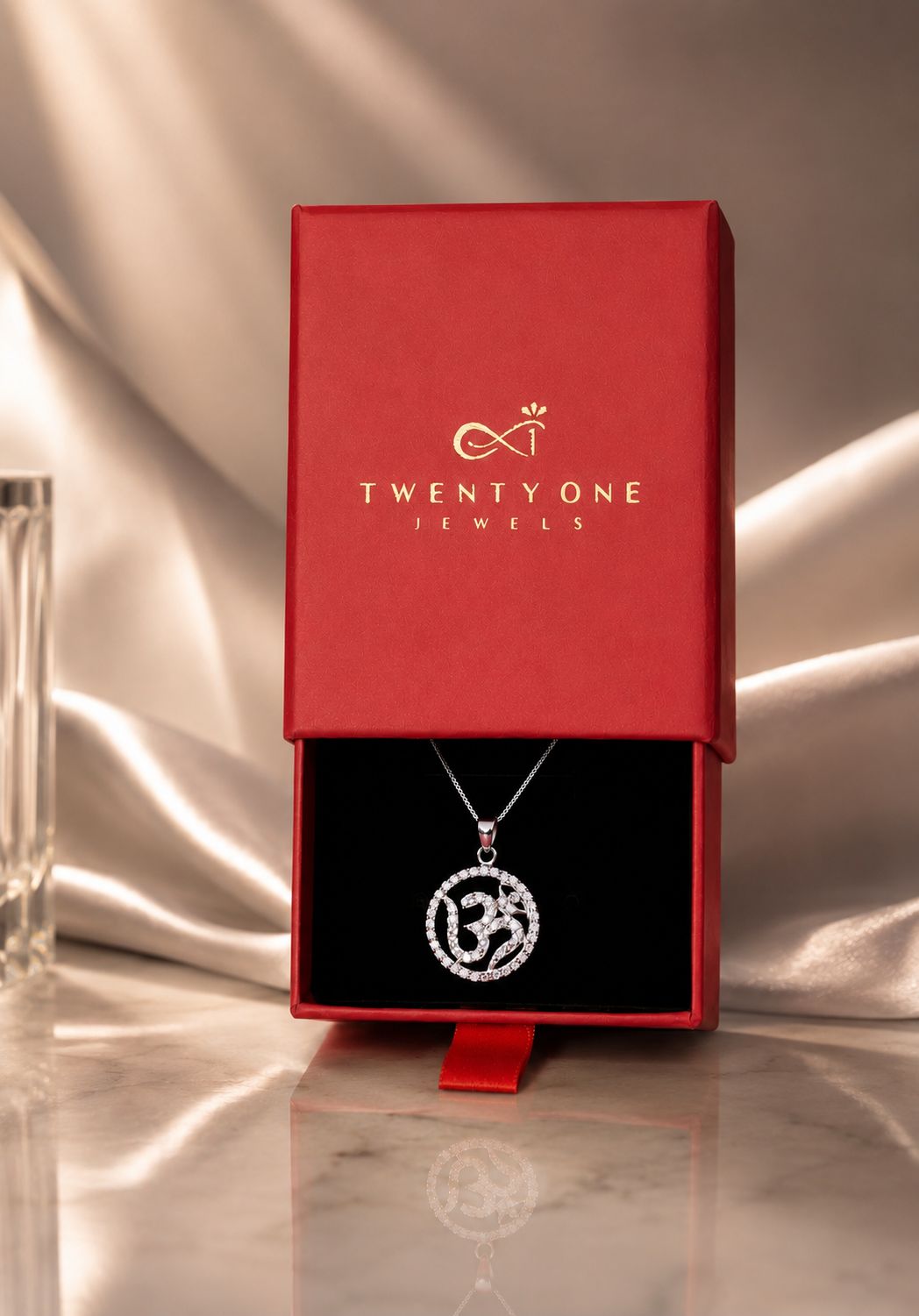 Om Pendant and Chain with Diamond Border on Pure 925 Silver