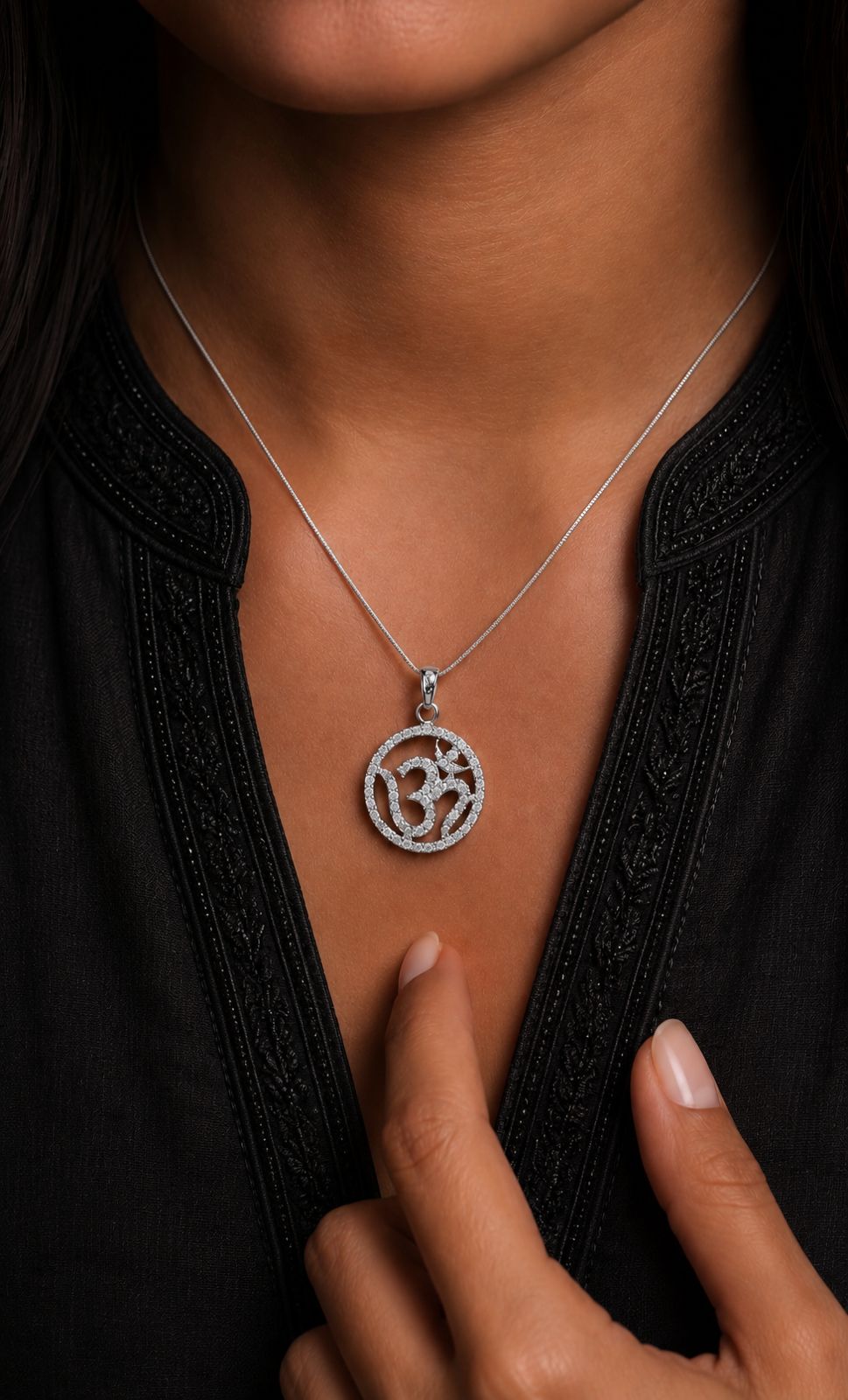 Om Pendant and Chain with Diamond Border on Pure 925 Silver