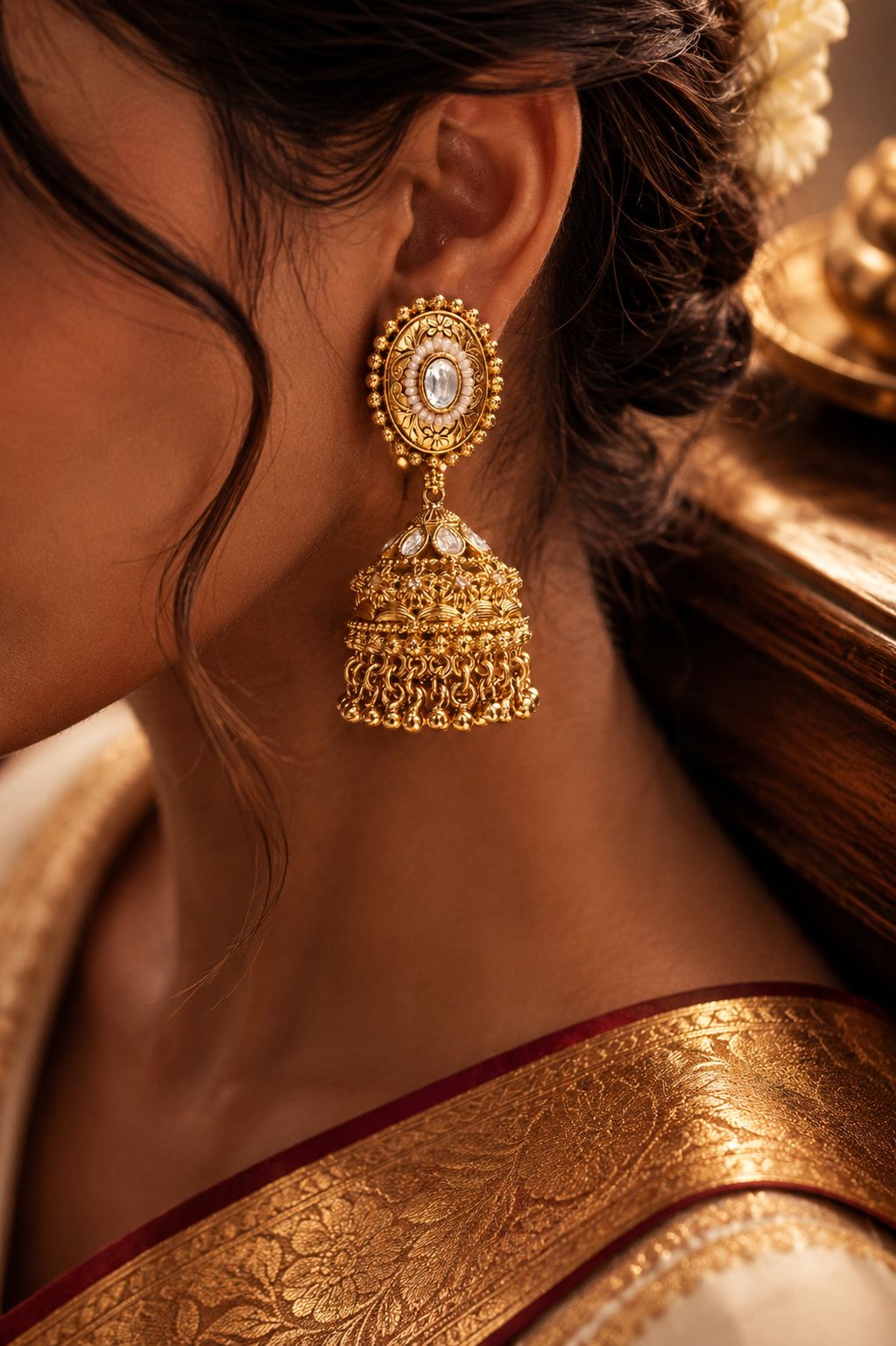 TOJ Everyday -  Traditional Janki Jhumka Earrings with Polki and Pearl Bead Detailing