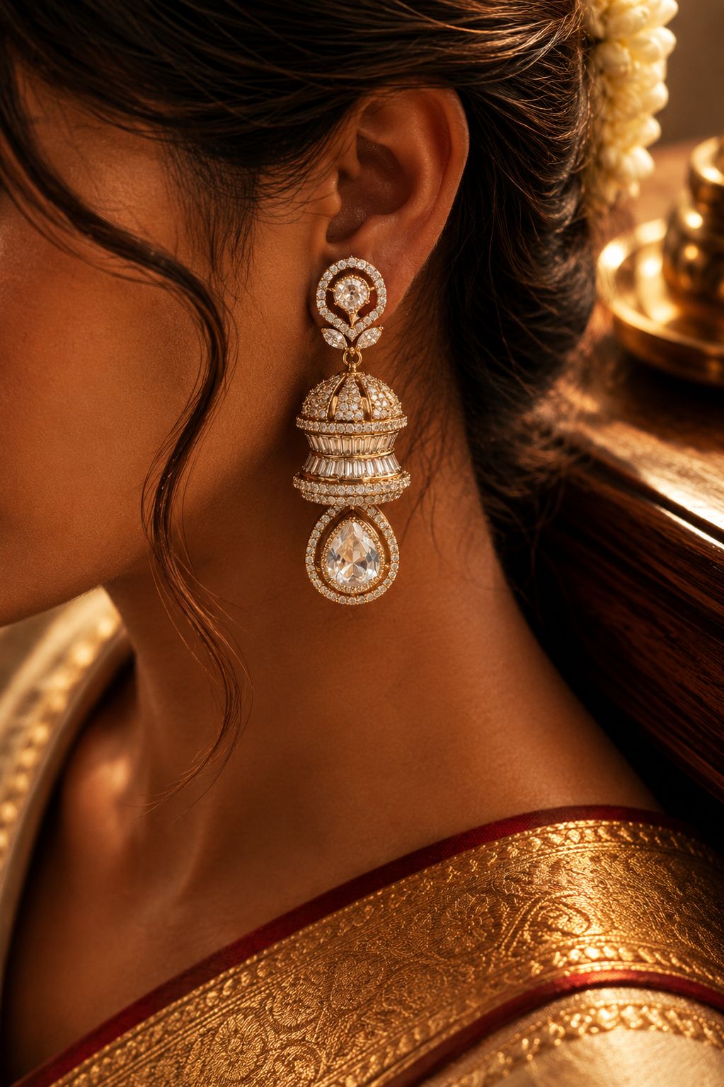 TOJ Everyday -  Festive Exclusive Antique Gold Finish 3 Layered Premium Moissanite Polki Jhumki Earrings