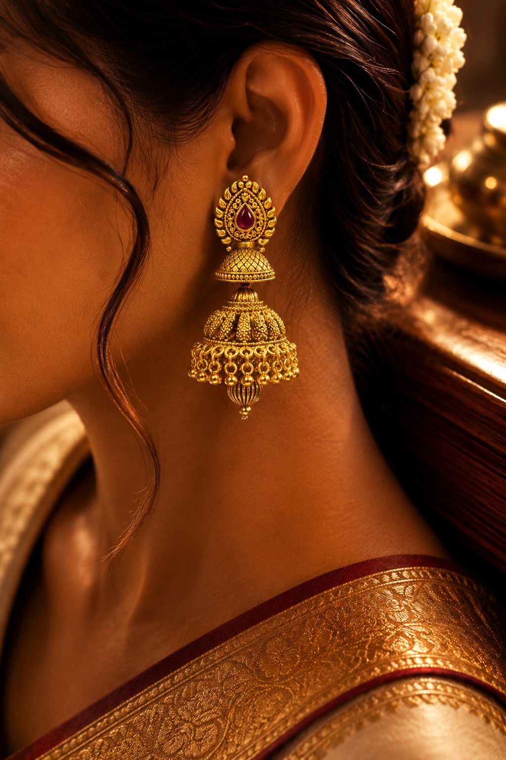 TOJ Everyday -  Festive Exclusive Gold Finish Double Layer Nitya Jhumki with Ruby Detaling