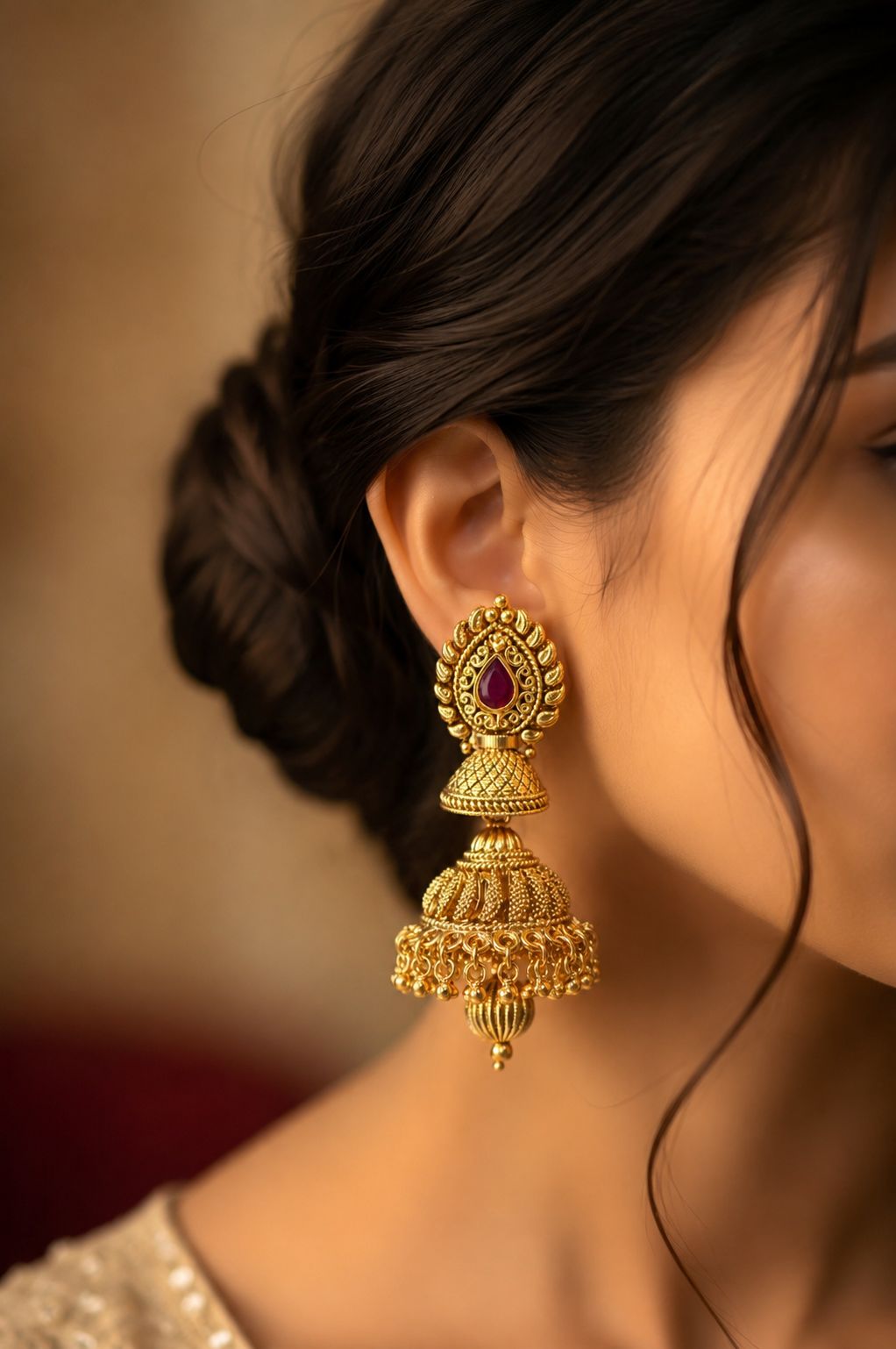 TOJ Everyday -  Festive Exclusive Gold Finish Double Layer Nitya Jhumki with Ruby Detaling