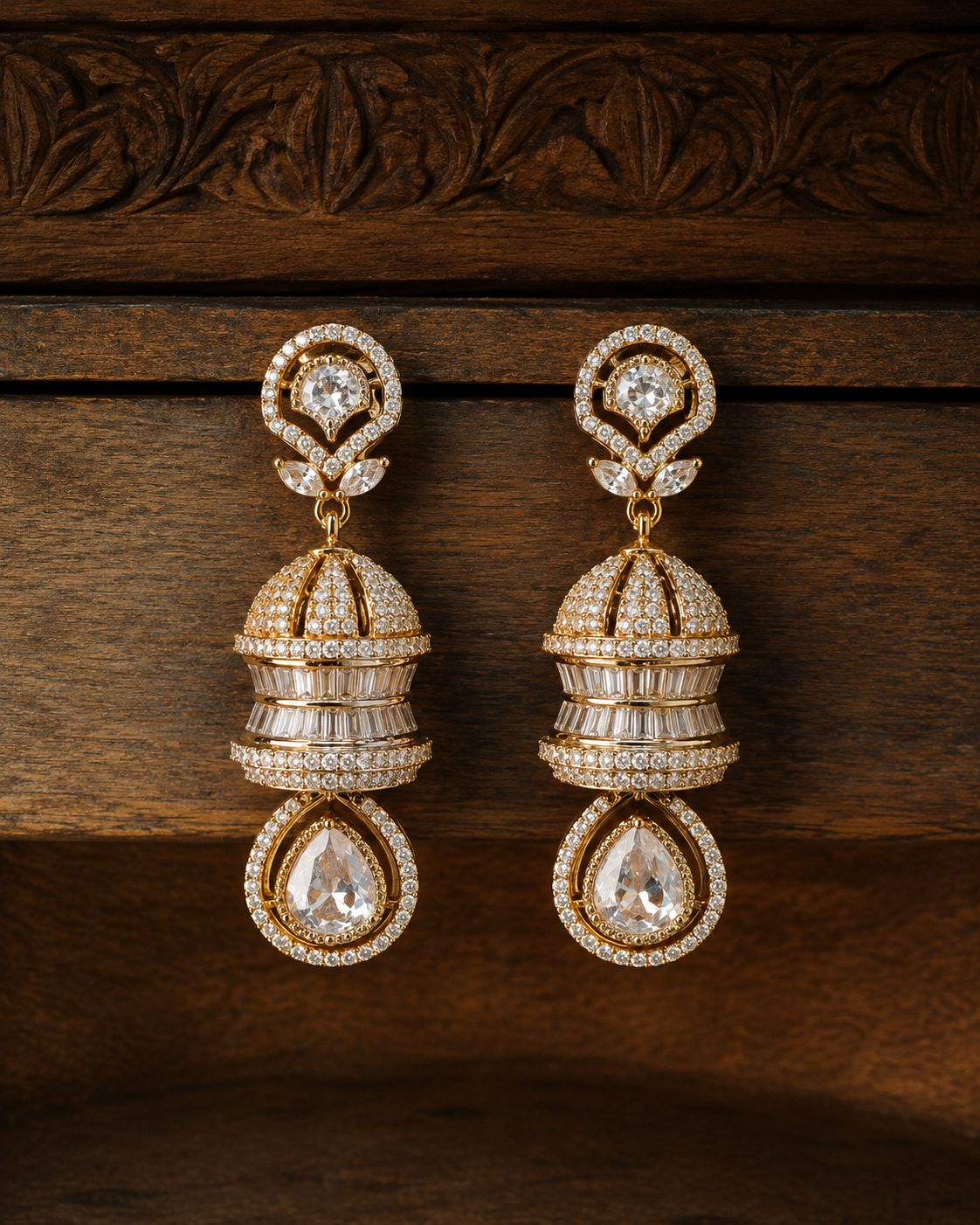 TOJ Everyday -  Festive Exclusive Antique Gold Finish 3 Layered Premium Moissanite Polki Jhumki Earrings