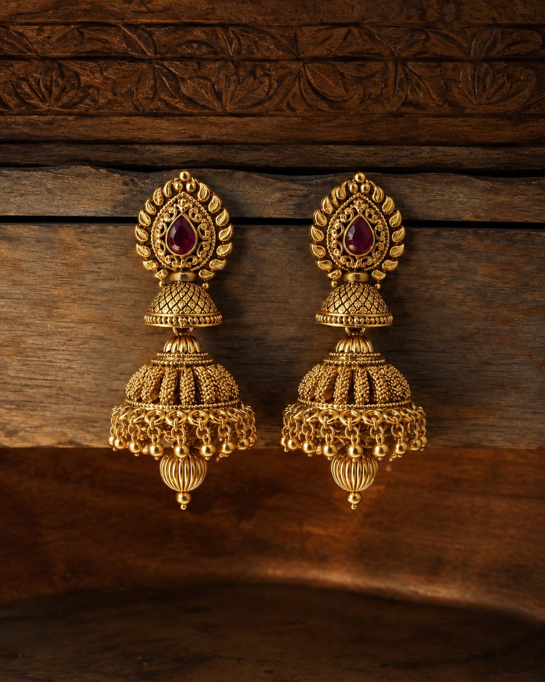 TOJ Everyday -  Festive Exclusive Gold Finish Double Layer Nitya Jhumki with Ruby Detaling