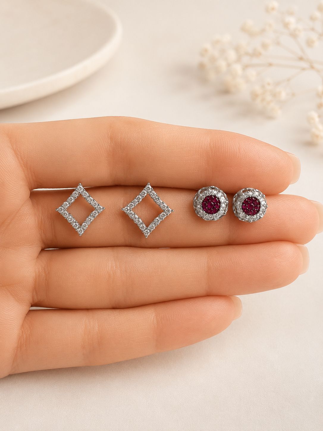 Combo of 2 925 Silver Pairs - Square Diamond and Ruby Micro Setting Studs