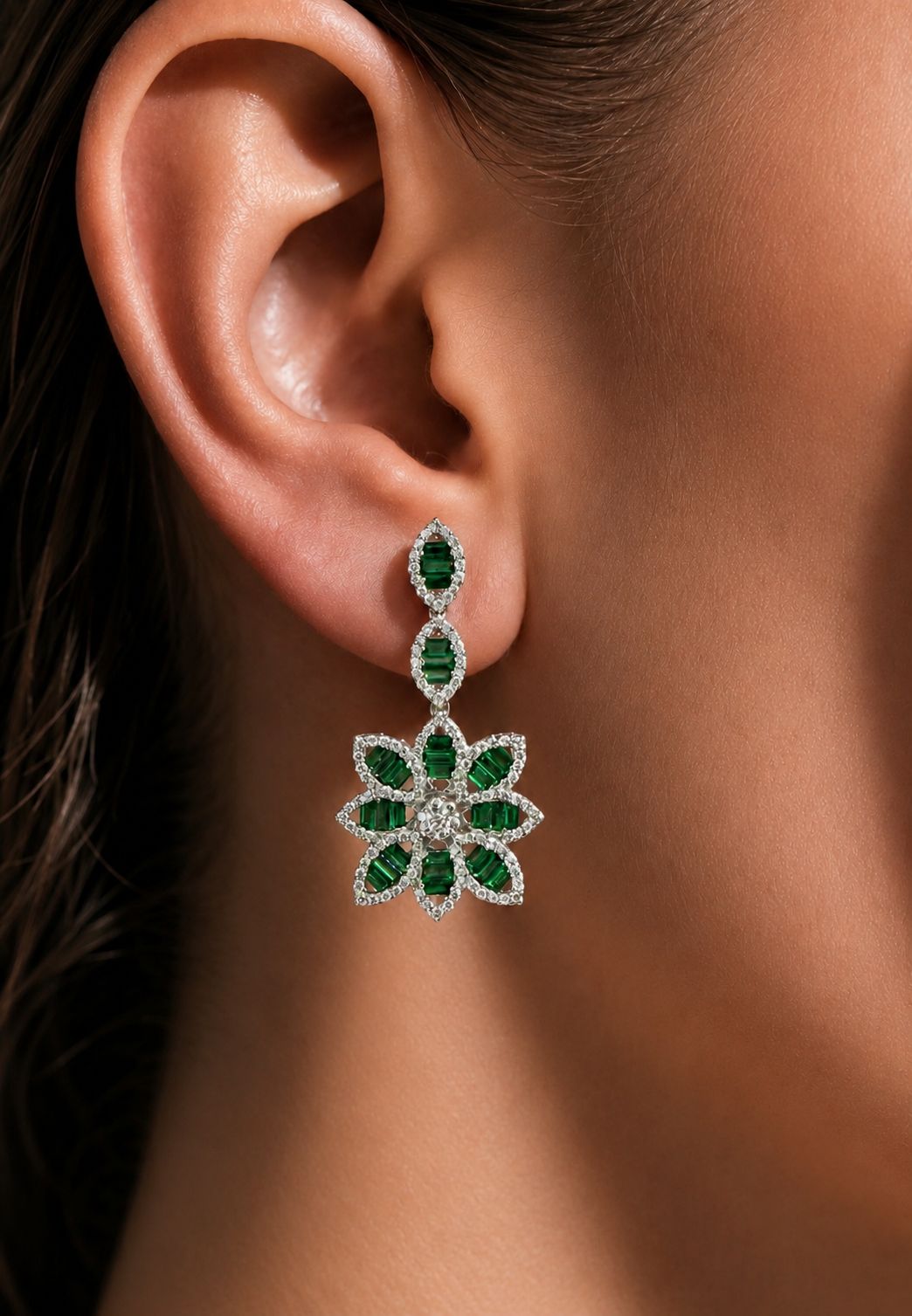 American Diamond Studded Green Emerald Baguette Aliyah Long Earrings on Pure 925 Silver.