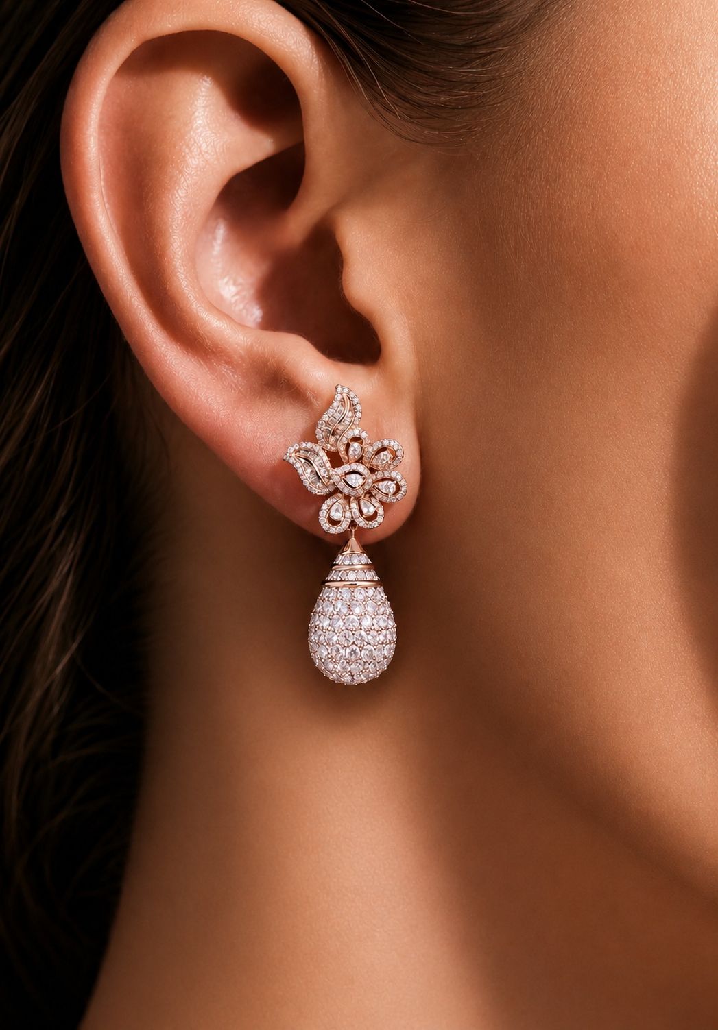 Rose Gold finish Diamond Studded Emory Long Earring Pure 925 Silver.