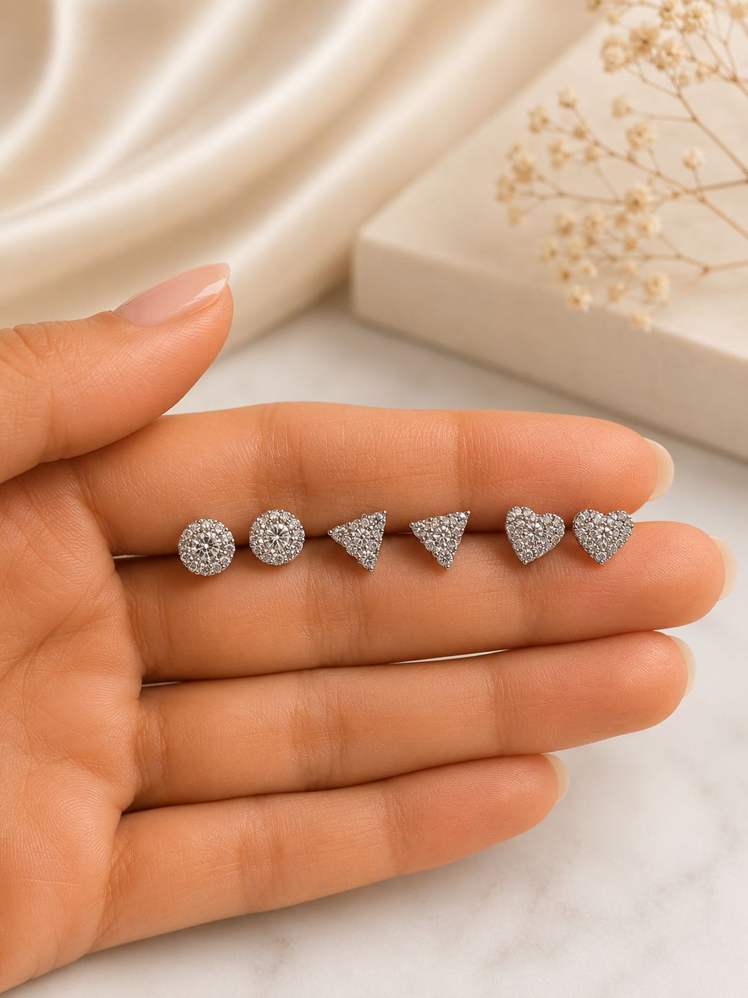 Combo of 4 925 Silver Pairs - Mini Heart, Trio Of Rounds and Micro Setting Round Studs
