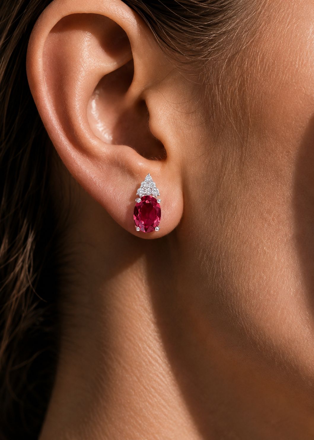 Oval Ruby Darvy Studs with American Diamonds on Pure 925 Silver