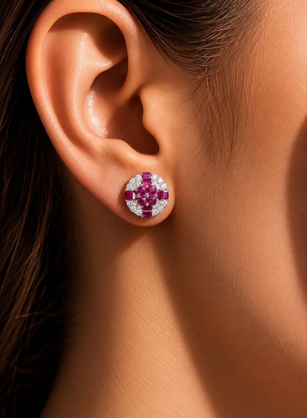 Diamond Studded With Ruby Baguette Clovia Studs On 925 Siver