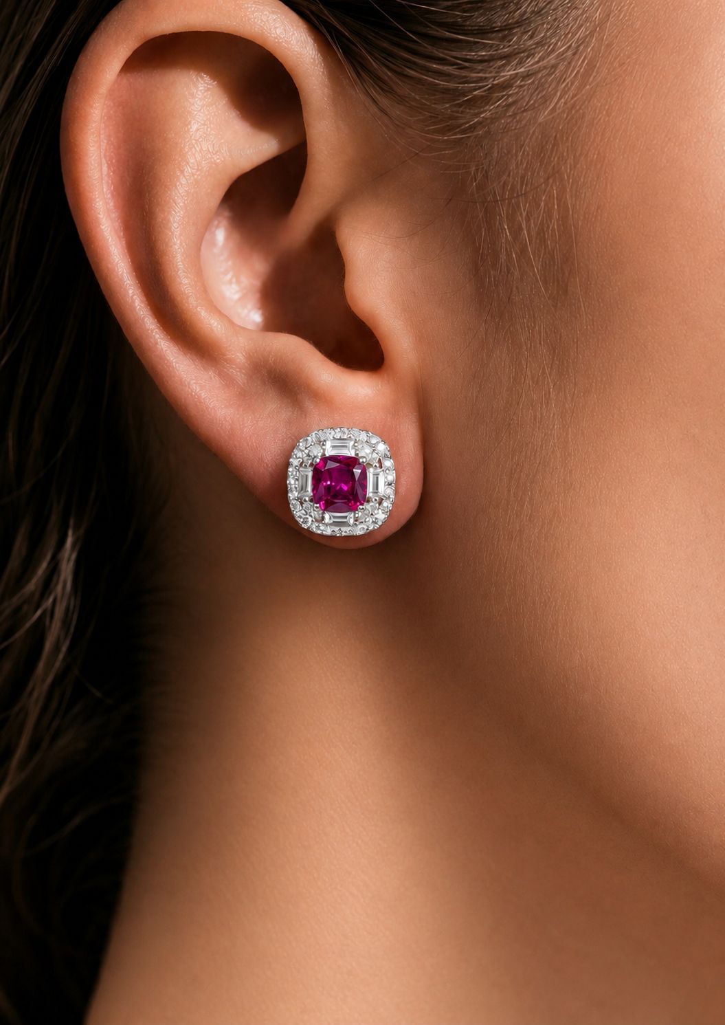 Cushion Cut Ruby Solitaire Vallery Studs on Pure 925 Silver