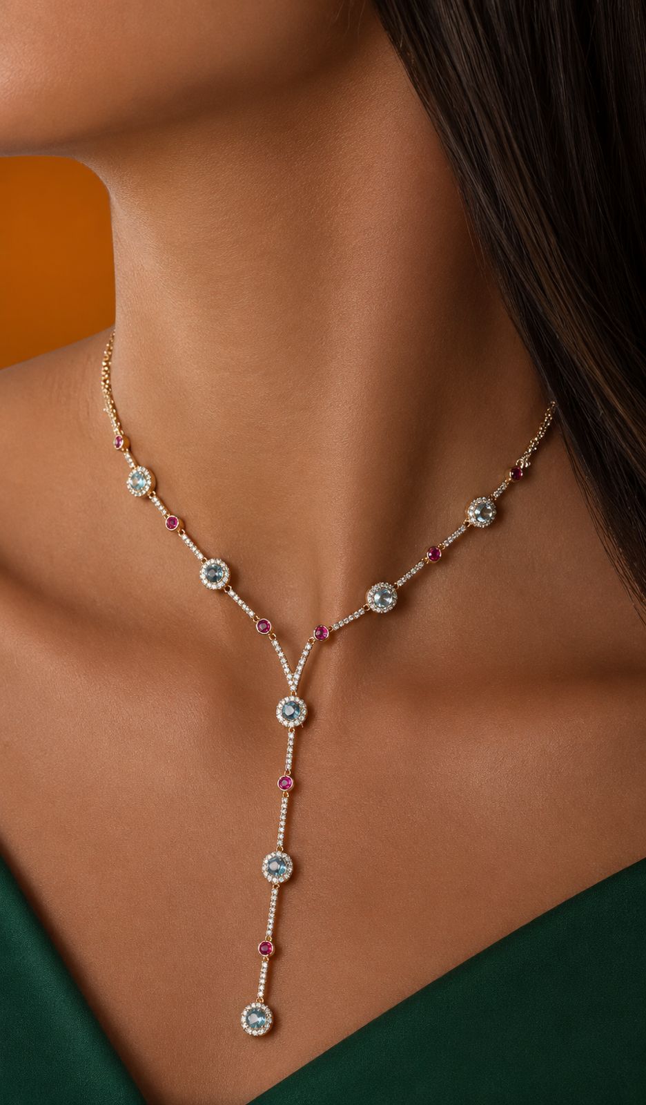 Ultra Premium Pure 925 Silver Ruby and Aquamarine Lariat Necklace Set with Earrings in a Rose Gold Finish