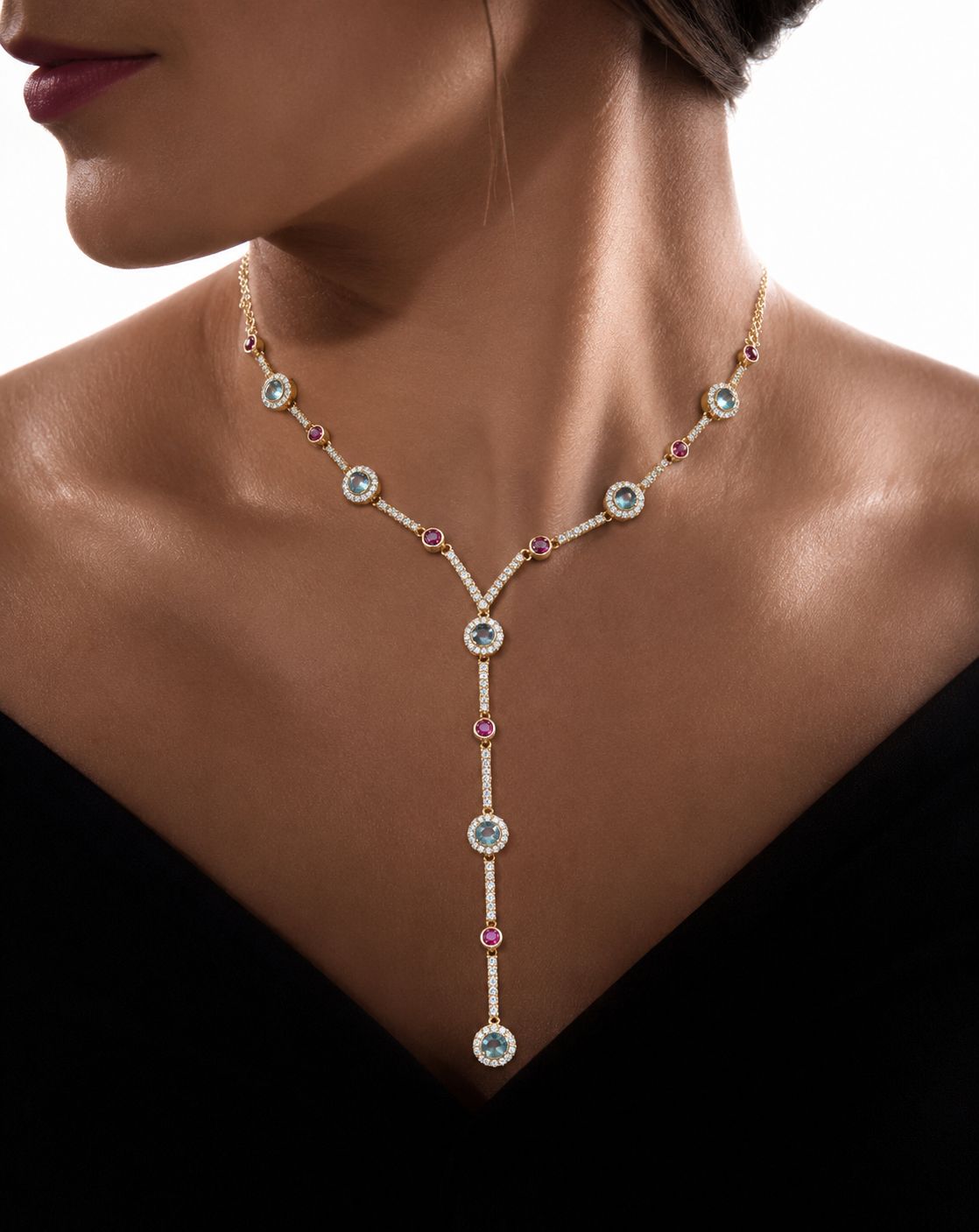 Ultra Premium Pure 925 Silver Ruby and Aquamarine Lariat Necklace Set with Earrings in a Rose Gold Finish