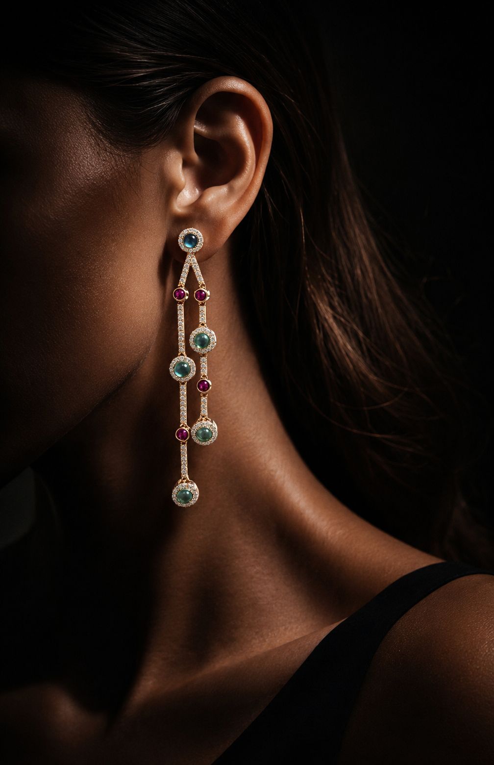 Ultra Premium Pure 925 Silver Ruby and Aquamarine Lariat Necklace Set with Earrings in a Rose Gold Finish