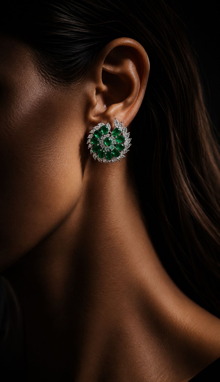 Ultra Premium Green Emerald Ovals and Marquise Saturn Party Stud Earrings on Pure 925 Silver