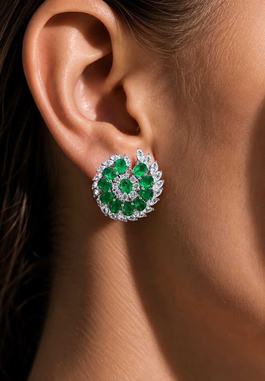 Ultra Premium Green Emerald Ovals and Marquise Saturn Party Stud Earrings on Pure 925 Silver