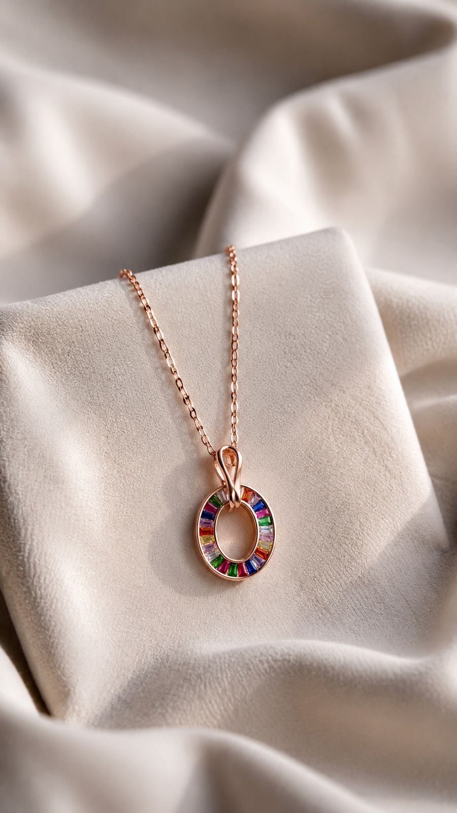 Premium Rose Gold Finish Oval Rainbow Pendant Set on Pure 925 Silver