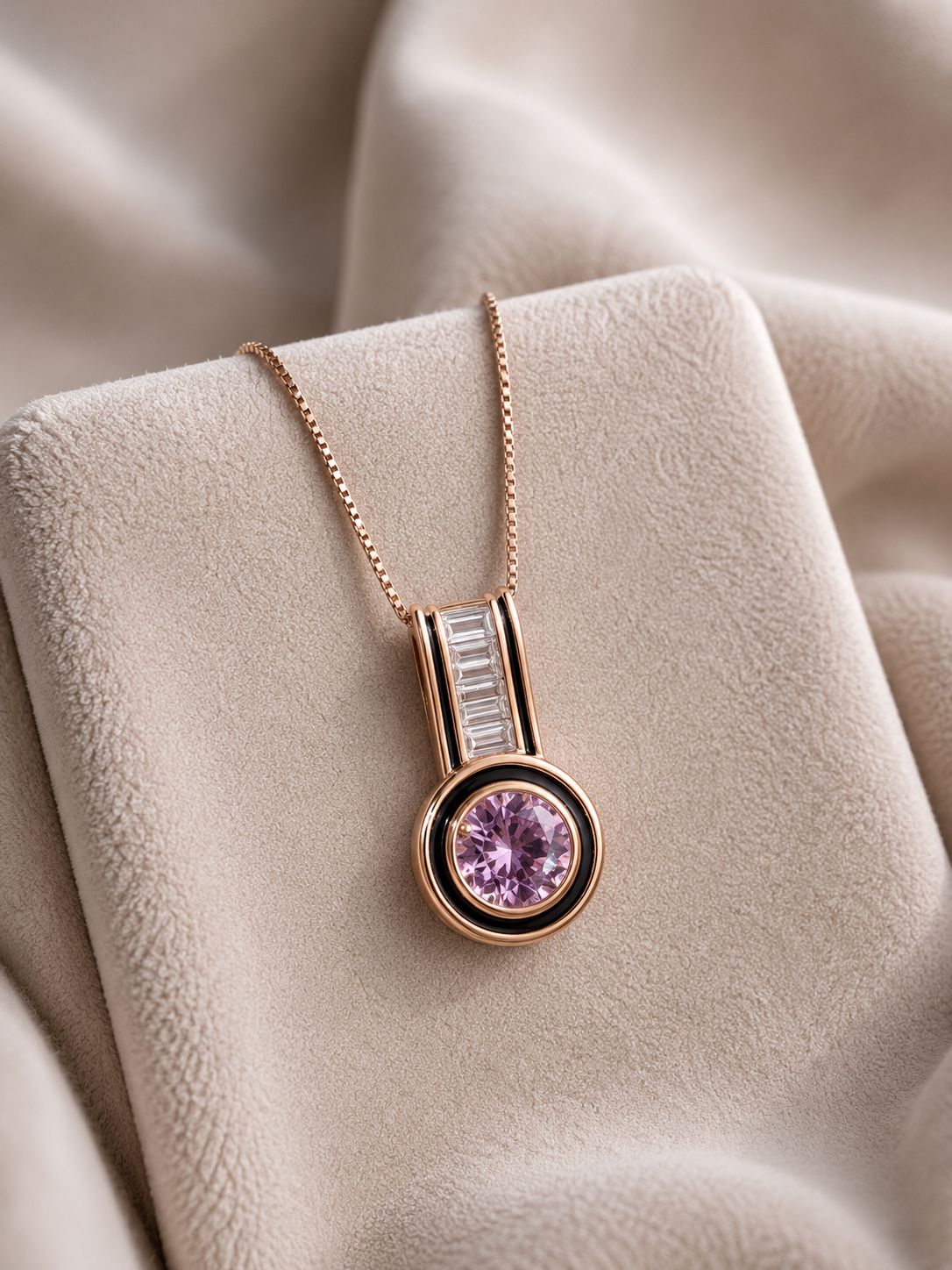 Ultra Premium Rose Gold Finish Pink Diamond Pendant Set with Black Enamel Detailing on Pure 925 Silver