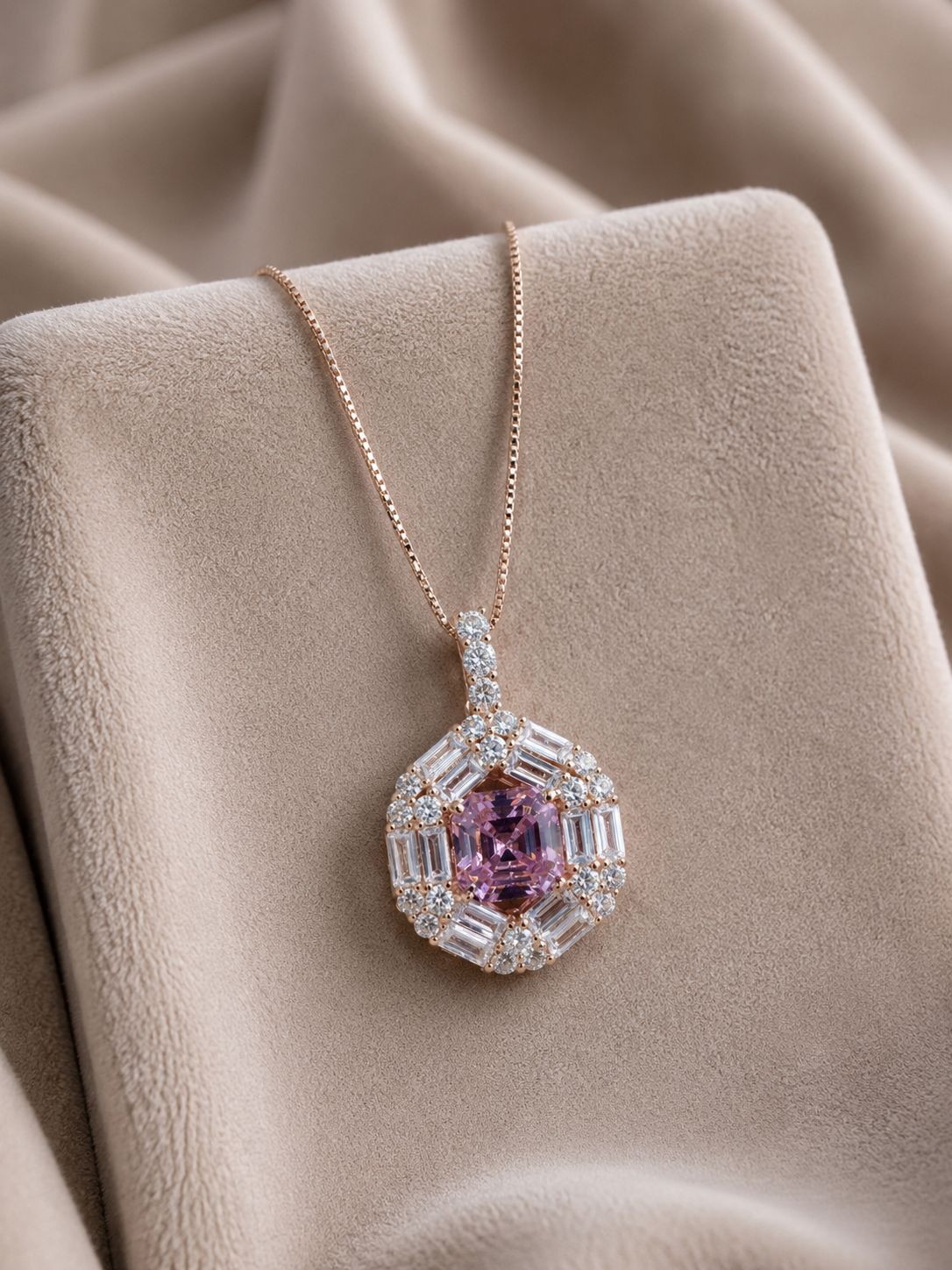 Rose Gold Finish Double Baguette Cluster Bravia Pendant Set with Pink Asscher Cut Diamond on Pure 925 Silver