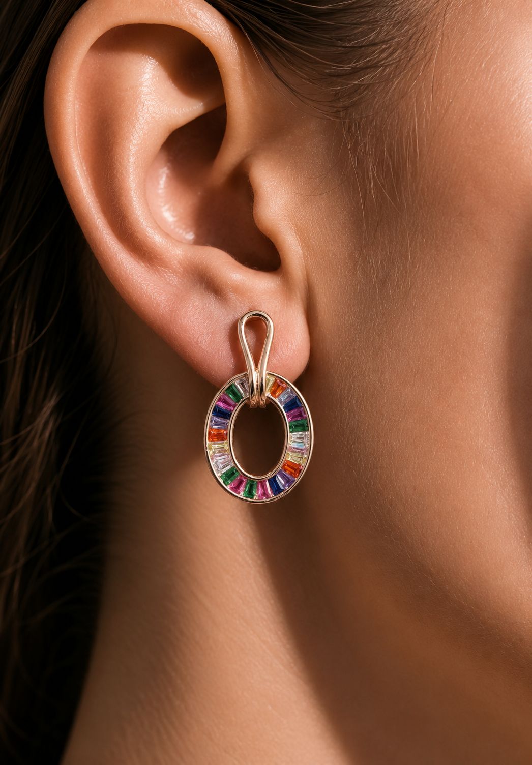 Premium Rose Gold Finish Oval Rainbow Pendant Set on Pure 925 Silver