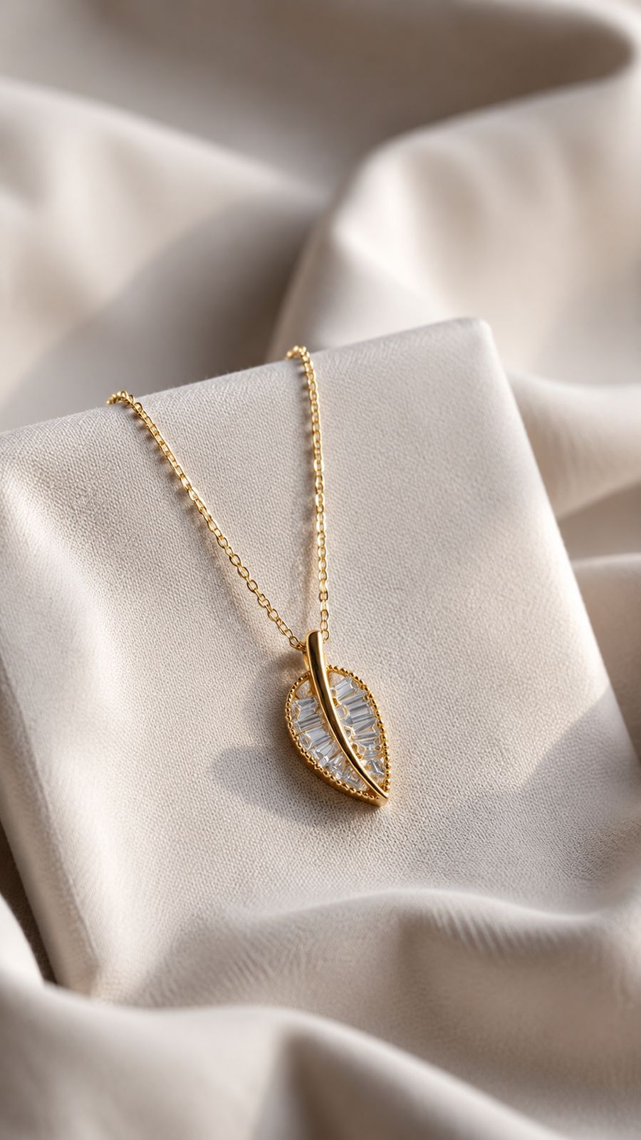 Golden Diamond Studded Leaf Pendant with Chain on Pure 925 Silver