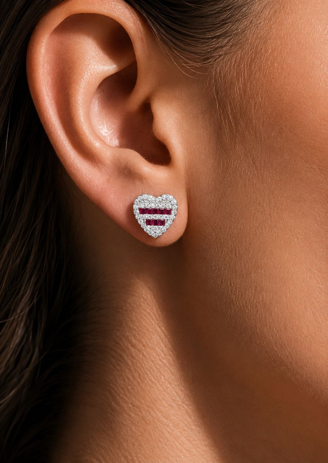 American Diamond and Ruby Studded Heart Savoya Studs on Pure 925 Silver