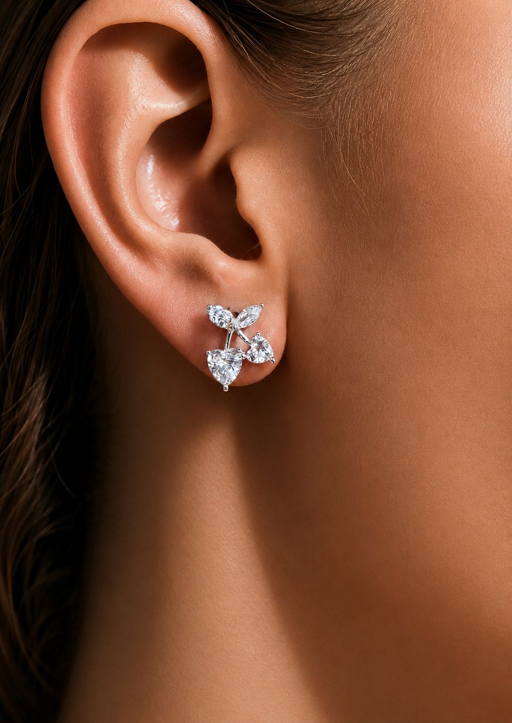 Petite Diamond Studded Leaf Petal Studs on 925 Silver