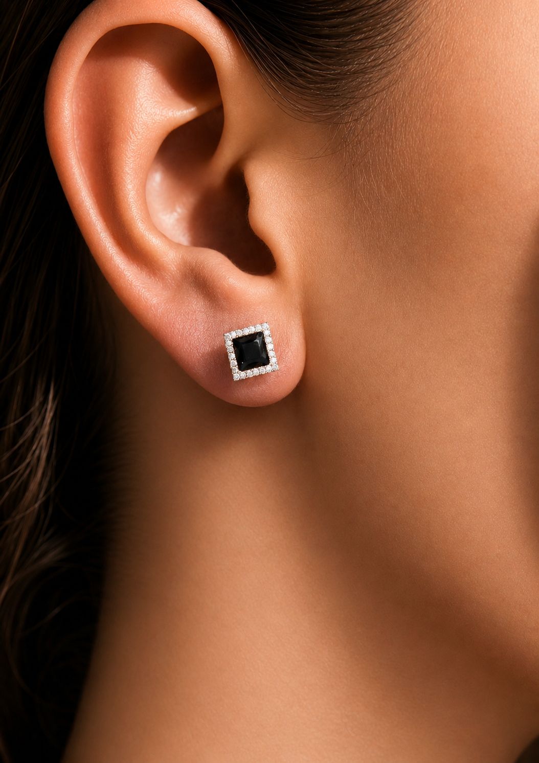 Black Enamel and American Diamond Auris Rose Gold Finish Studs On Pure 925 Silver