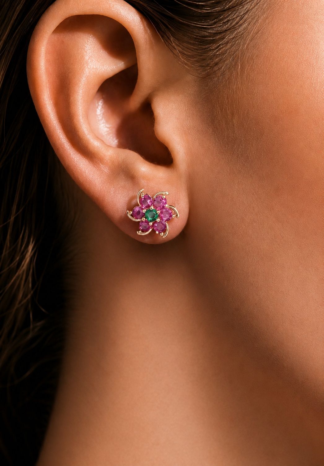 Pure 925 Silver 6 Petal Floral Ruby Rose Gold Studs with Centre Emerald