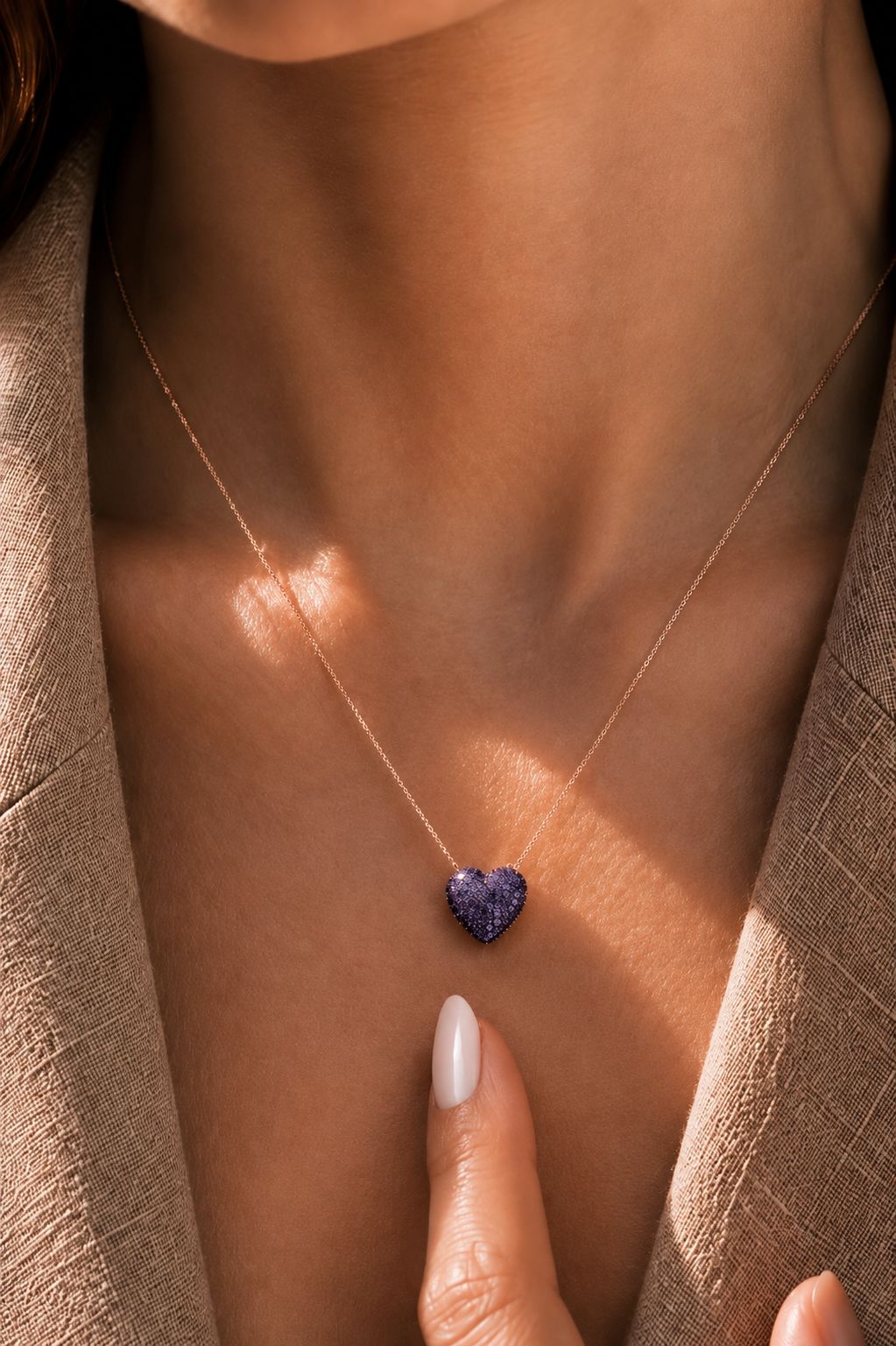 Rose Gold Purple Heart Pendant with Chain on Pure 925 Silver