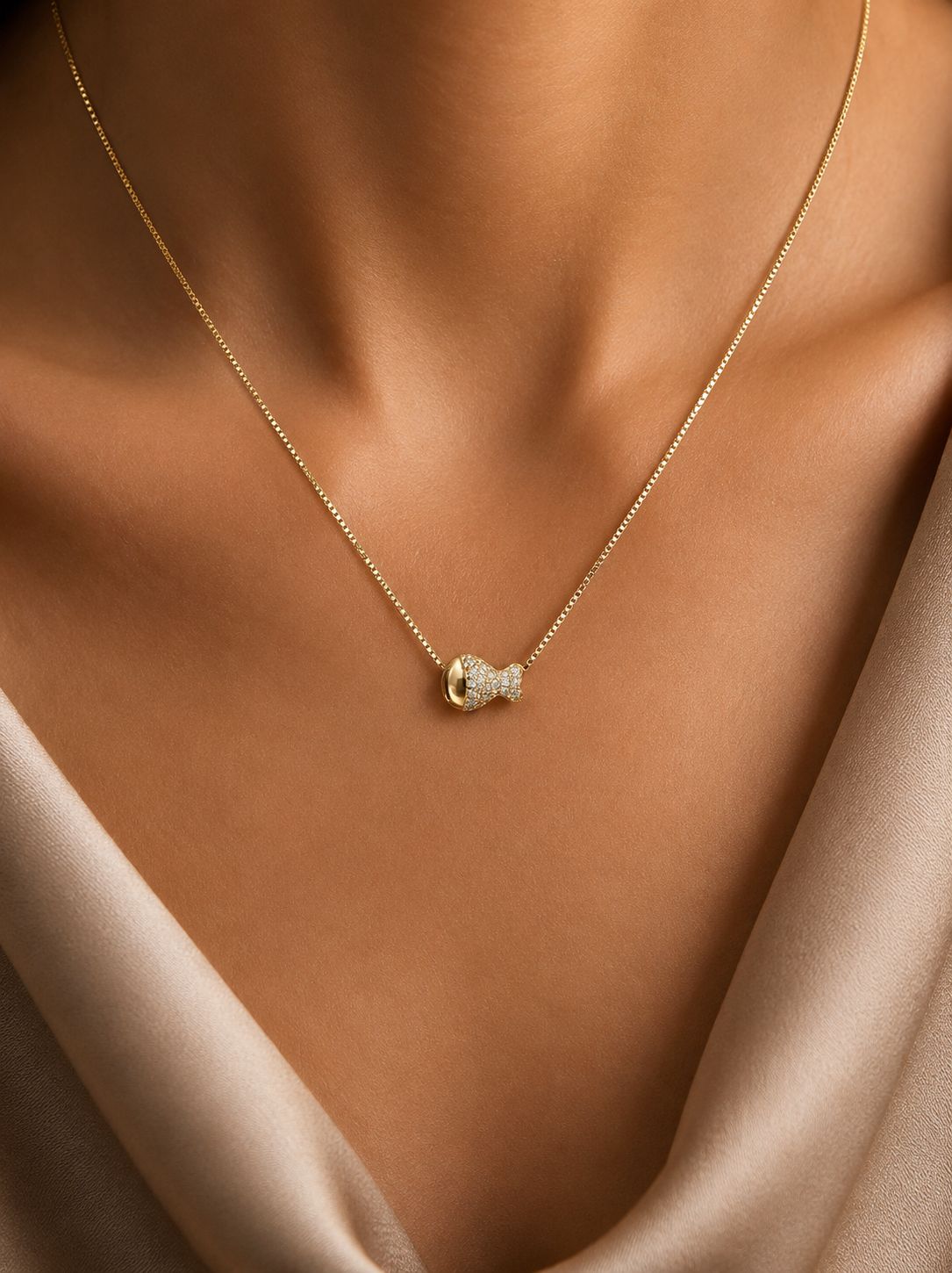 Solid Gold Finish Kids Diamond Fish Pendant with Chain on Pure 925 Silver